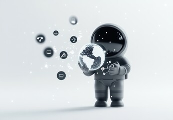 Poster - A stylized astronaut holds a globe surrounded by digital icons, symbolizing technology and exploration.