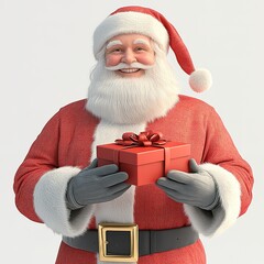 high realistic photo of santa claus holding red gift box smiling warmly and radiating holiday cheer