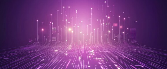 Fototapete - Abstract digital landscape with glowing lines and nodes in purple hues.