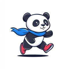 Aufkleber - A cute cartoon panda wearing a blue scarf and red shoes, running happily.