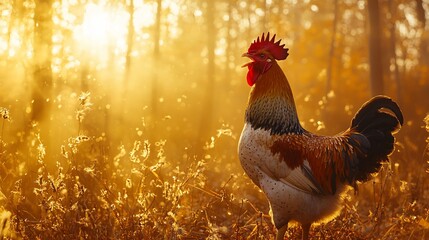 Wall Mural - Rooster crowing at sunrise in golden field.