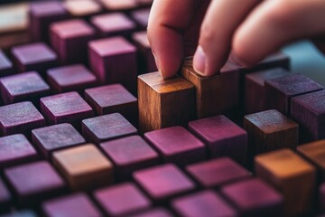 Aufkleber - A hand placing a wooden block among various colored blocks, emphasizing creativity and play.