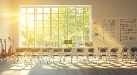 Aufkleber - A bright music classroom with chairs, stands, and musical sheets, inviting creativity.