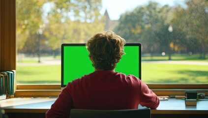 Fototapete - A person sits at a desk facing a green screen, overlooking a scenic outdoor view.