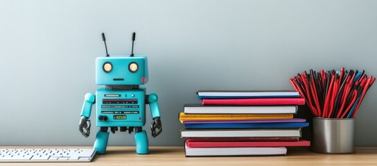Poster - A colorful robot figurine stands beside books and stationery on a desk.