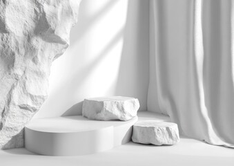 Leinwandbilder - Minimalist white interior with rocks and draped fabric for artistic display.