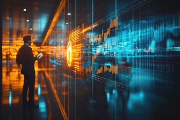Aufkleber - A business professional interacts with digital data visualizations in a modern environment.