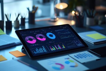Poster - A tablet displaying colorful data visualizations on a desk with stationery and notes.