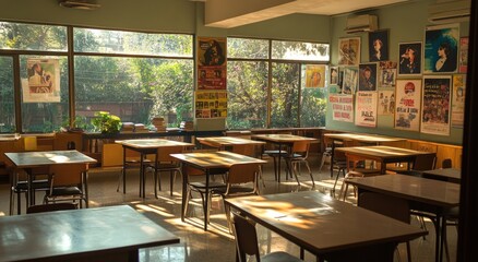 Aufkleber - A sunlit classroom with wooden desks and educational posters on the walls.