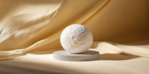 Aufkleber - A textured white sphere on a circular base, set against soft draped fabric.