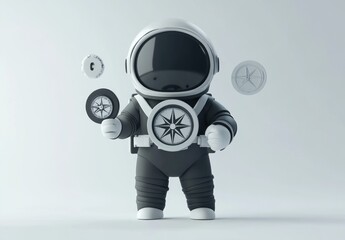 Poster - A cartoon astronaut juggling compass-like icons in a minimalist design.
