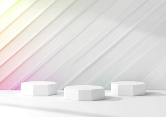 Aufkleber - Minimalist display with three white octagonal platforms against a textured wall.