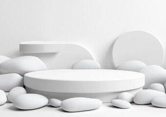 Aufkleber - A minimalist display featuring smooth, white stones and geometric shapes on a clean background.