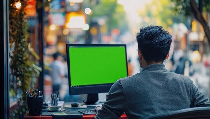 Aufkleber - A person working on a computer with a blank green screen in a bustling outdoor setting.