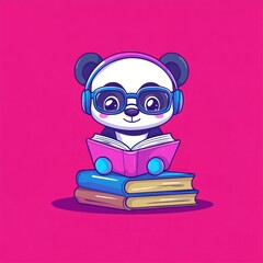 Poster - A cute panda wearing glasses and headphones reading a book, set against a bright pink background.