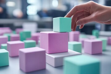 Poster - A hand stacking pastel-colored cubes on a table, emphasizing creativity and playfulness.