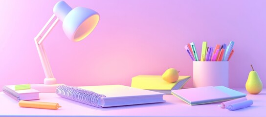 Poster - A pastel-colored workspace with a lamp, notebooks, pens, and decorative pears.