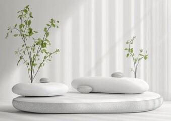 Poster - Minimalist design featuring smooth stones and plants in a serene, modern setting.