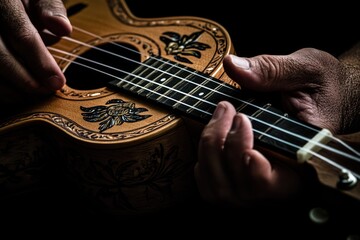 Aufkleber - A close-up of hands playing a beautifully decorated ukulele.