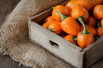 Sticker - A wooden box filled with vibrant orange peppers on a burlap surface.