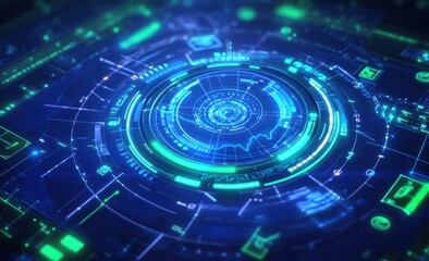 Poster - Futuristic digital interface with glowing elements and circular patterns.