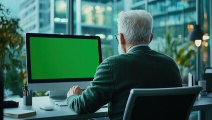 Aufkleber - An elderly man working at a computer with a green screen in a modern office setting.