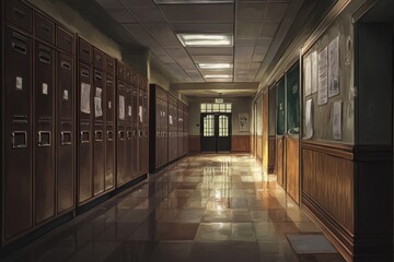 Aufkleber - A quiet school hallway with lockers and a door leading outside.