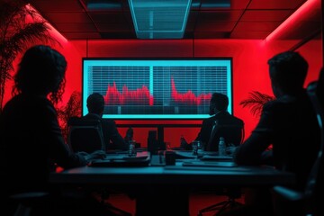 Poster - Business meeting in a modern conference room with data analysis on screen.