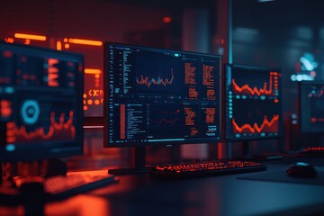 Aufkleber - A high-tech workspace with multiple monitors displaying data and analytics in a dark setting.