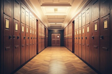 Aufkleber - A corridor lined with wooden cabinets, leading to a door, evoking a scholarly atmosphere.