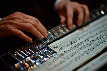 Aufkleber - A close-up of hands playing a musical instrument with sheet music.
