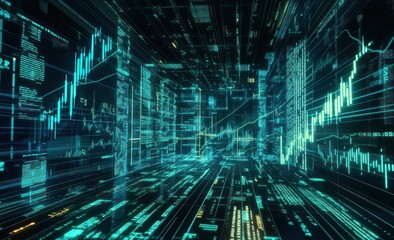 Poster - A futuristic digital environment showcasing data flow and financial graphs.