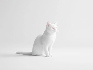 Poster - A serene white cat sits gracefully against a minimalistic white background.