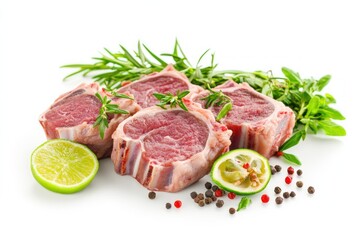 Poster - Fresh raw meat cuts with herbs and lime, ideal for cooking and culinary presentations.