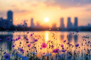 Poster - A serene sunset over a city skyline, with vibrant flowers in the foreground.