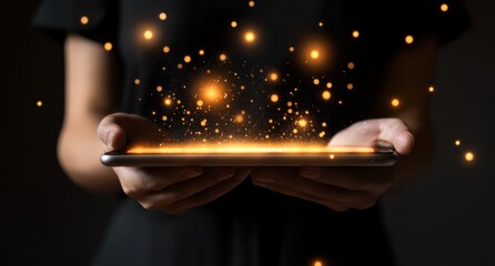 Aufkleber - A person holds a tablet emitting glowing particles, symbolizing innovation and technology.