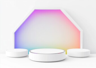 Poster - Minimalistic display setup with colorful gradient background and circular platforms.