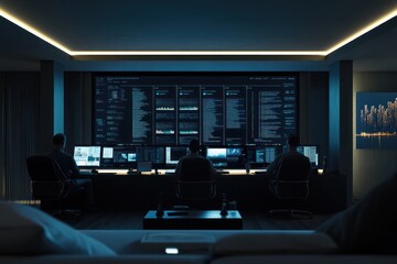 Poster - A dimly lit control room with individuals monitoring multiple screens displaying data.