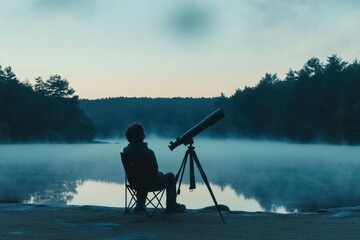 Fototapete - A person observing the night sky with a telescope by a misty lake at dawn.