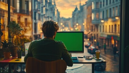 Aufkleber - A person working at a desk with a computer, overlooking a city street at sunset.