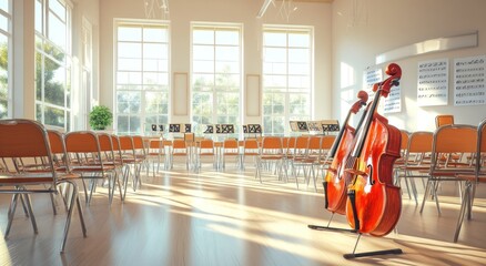 Poster - A bright music room with chairs and instruments, ready for a rehearsal or class.