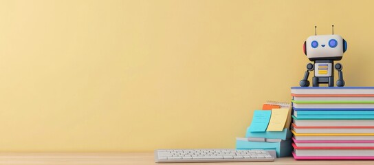 Aufkleber - A colorful workspace with a robot figurine and stacked books against a plain background.