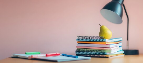 Poster - A study space with notebooks, pens, and a pear under a lamp, creating a productive atmosphere.