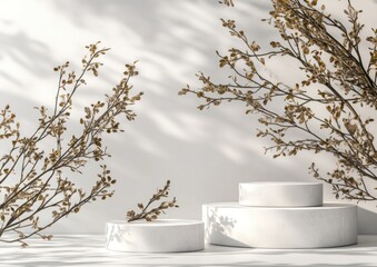 Aufkleber - A minimalist display with circular platforms and delicate branches casting shadows.