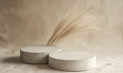 Aufkleber - Minimalistic display with round concrete bases and dried grass arrangement.