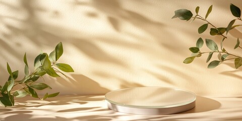 Aufkleber - A minimalist scene featuring a circular platform with soft shadows and green leaves.