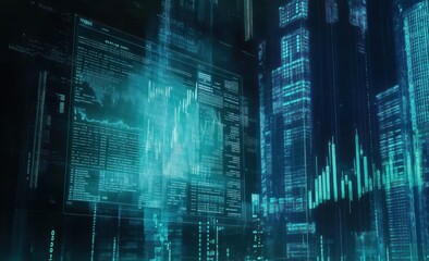 Poster - Abstract digital landscape with data visualizations and futuristic elements.