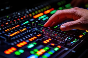 Aufkleber - A close-up of a hand adjusting a colorful audio mixing console with various controls.