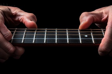 Aufkleber - Close-up of hands playing guitar strings against a black background.