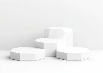 Fototapete - A minimalist arrangement of white hexagonal pedestals on a smooth surface.